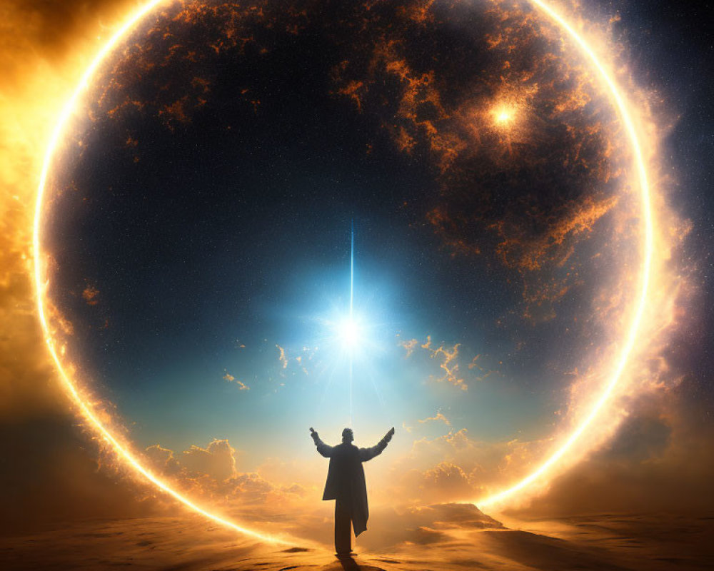 Silhouette of Person with Raised Arms Under Celestial Ring and Bright Star