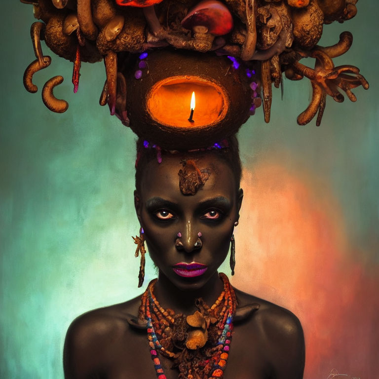 Woman with ornate headdress: candle, roots, decorative elements, warm backdrop