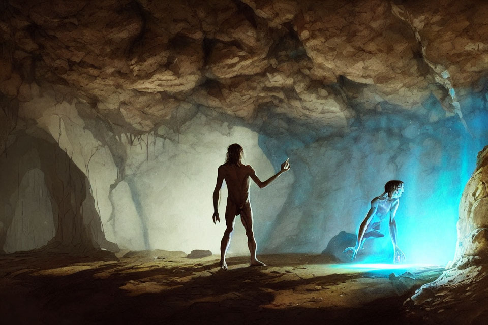 Silhouette of a person in cave with glowing blue figure