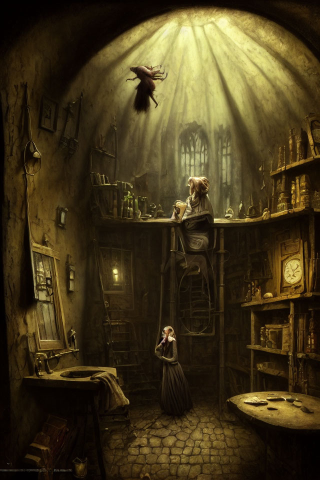 Mystical room with levitating girl, ladder, shelves, vials, and gothic windows