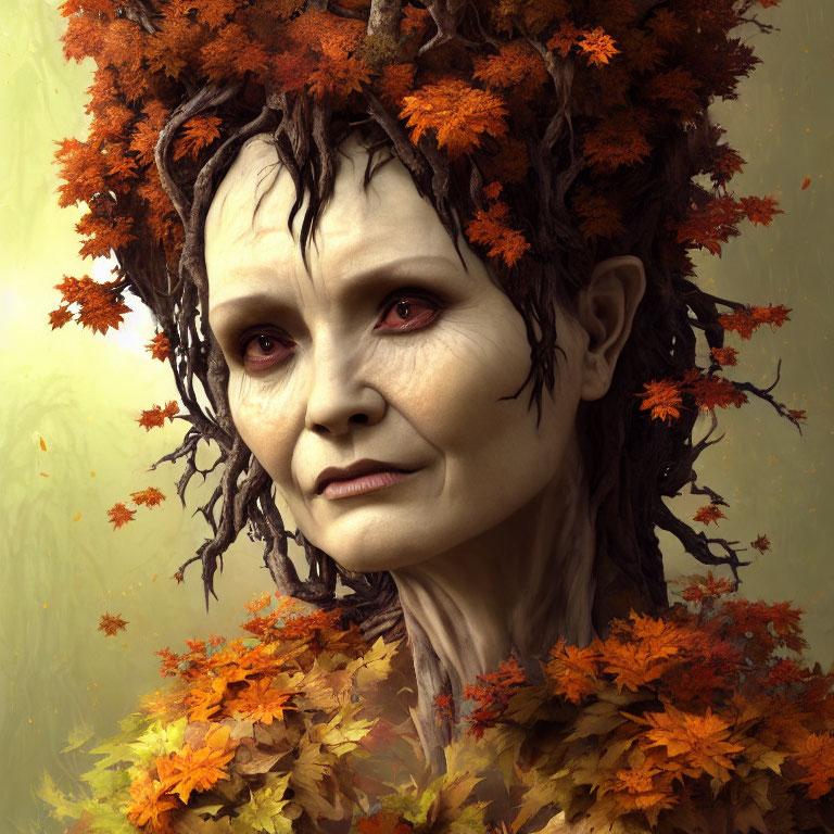 Woman with Tree-Like Features and Autumn Leaves in Hair portrays Mythical Forest Entity