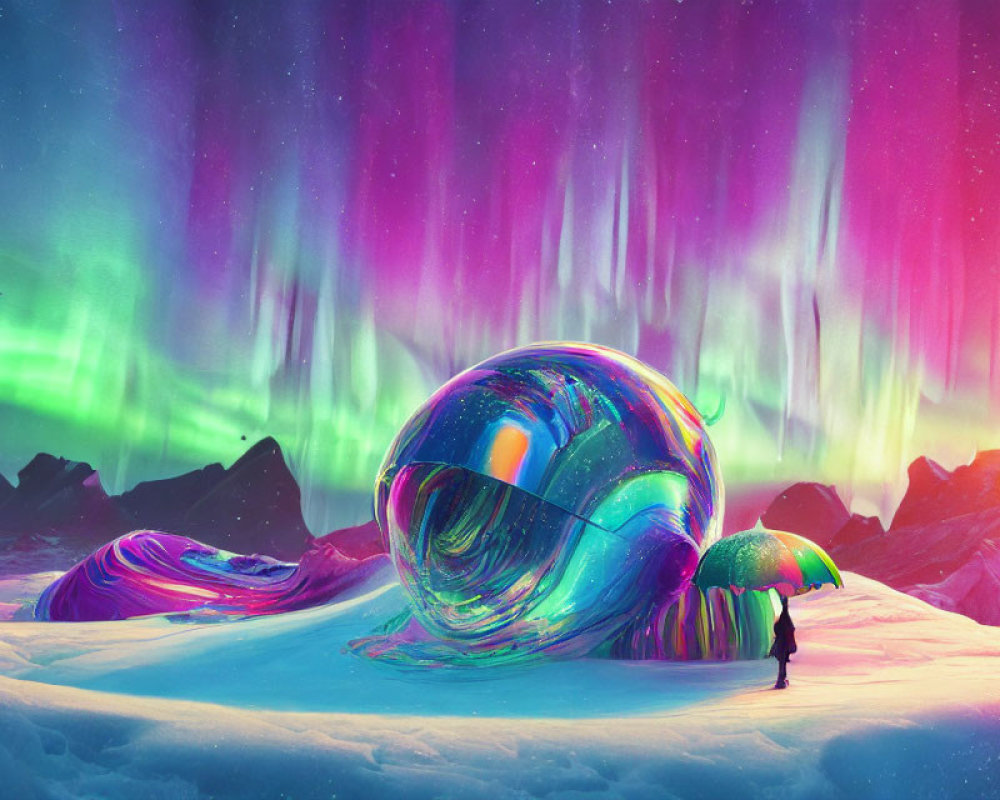 Colorful aurora over snowy landscape with person and iridescent bubble