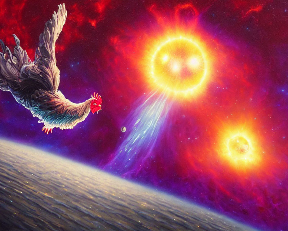Colorful Cosmic Scene: Rooster Soaring Through Space Amid Stars & Nebulae