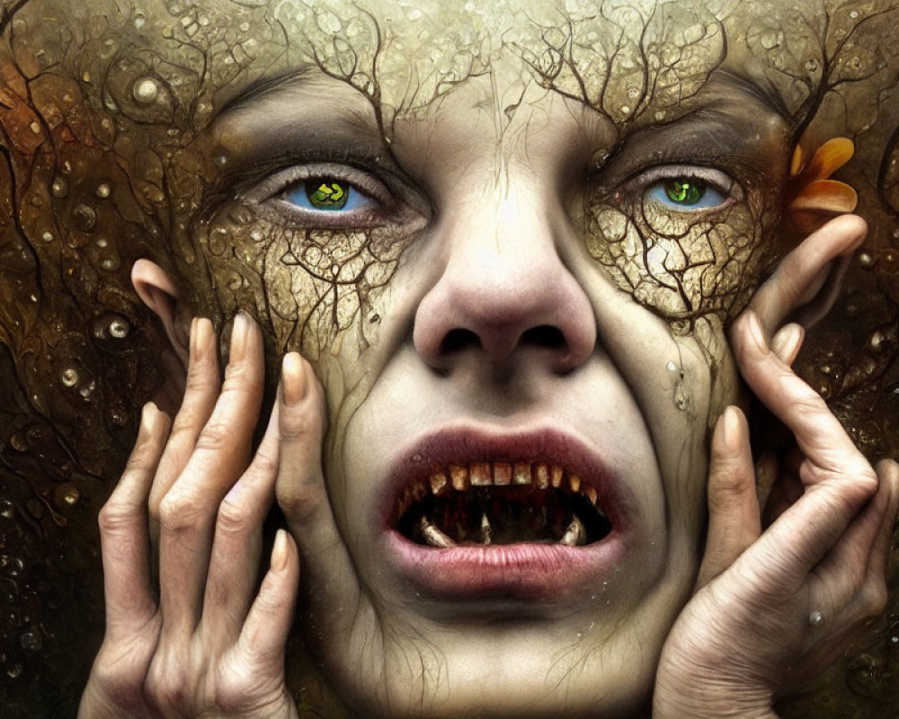 Fantasy image of person with cracked bark skin and green eyes