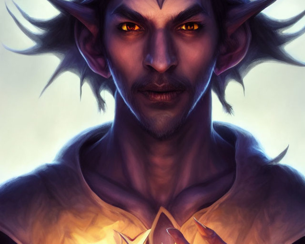 Elf illustration with pointed ears, yellow eyes, smirking expression, and sharp-nailed hands.