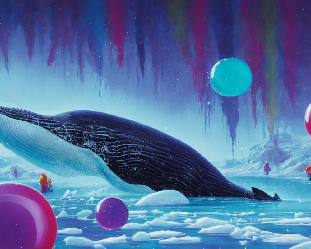 Whale breaching icy waters with colorful balloons, people in cave.