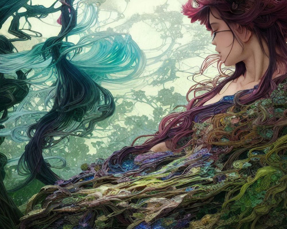 Colorful illustration of woman with flowing pink and purple hair in whimsical forest.