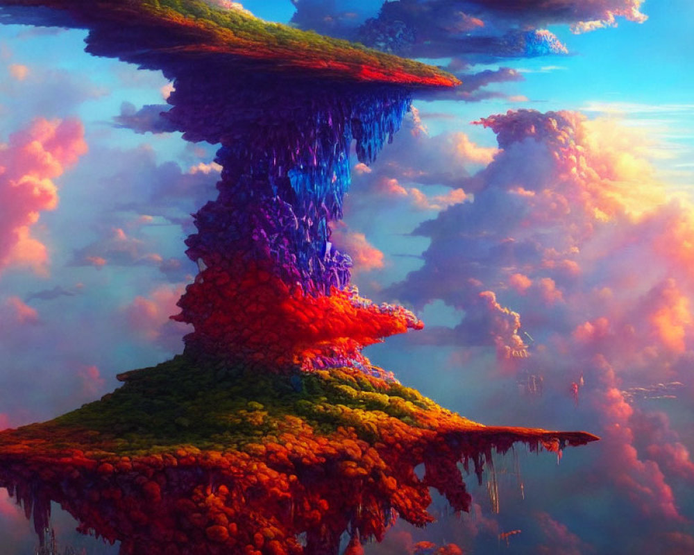 Fantastical floating island with waterfall under vibrant sunset sky