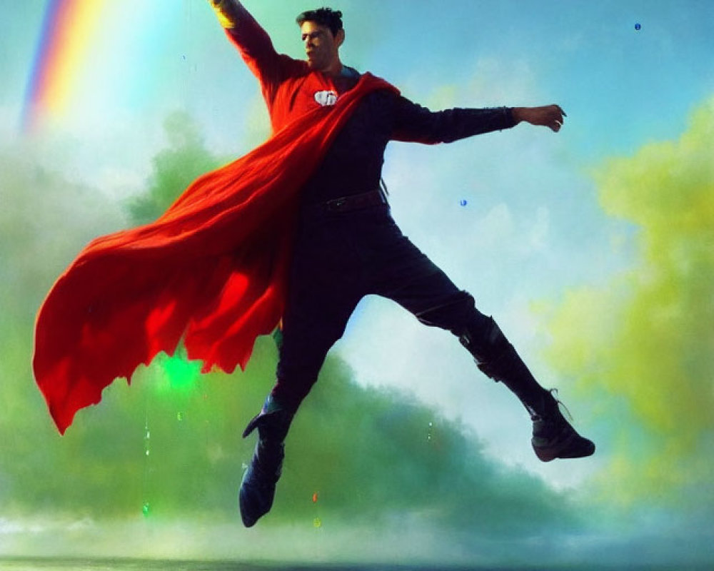 Person in Black Outfit with Red Cape Painting Rainbow in Sky