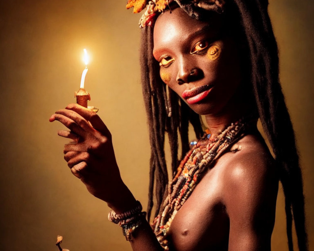 Tribal jewelry adorned woman with lit candle on warm backdrop