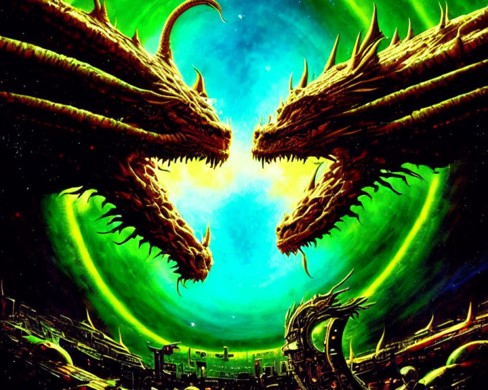 Fierce dragons under green aurora in dark cityscape