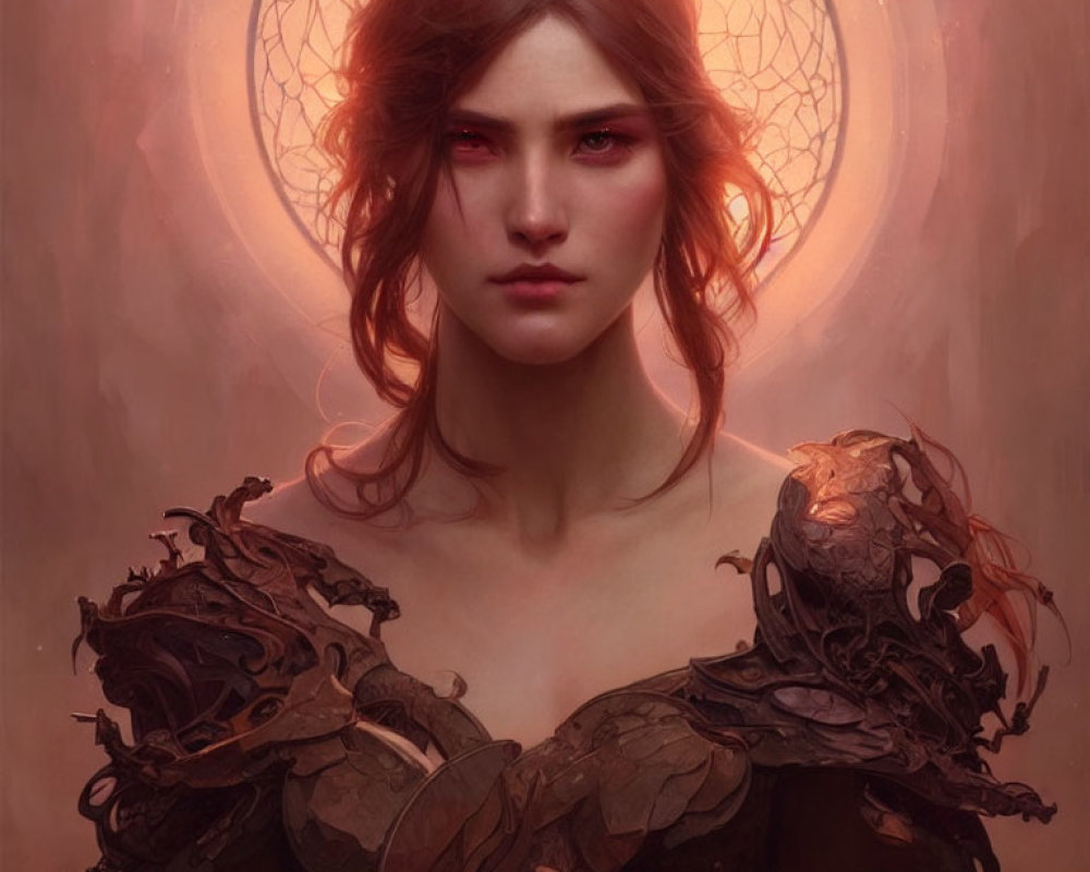 Digital portrait of woman with stern gaze, ornate shoulder armor, halo-like adornment, against redd