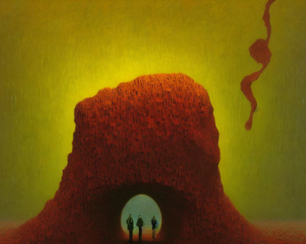 Silhouetted figures in tunnel carved through massive red rock under green sky.