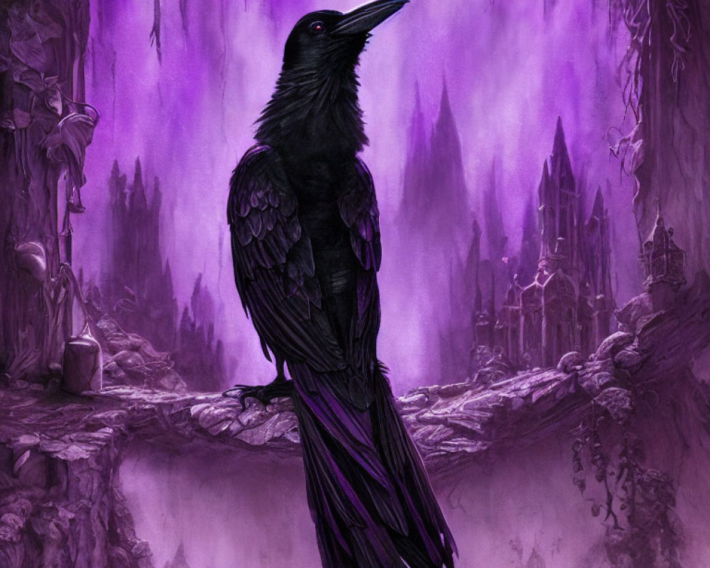 Majestic black raven with gothic castle and purple forest landscape