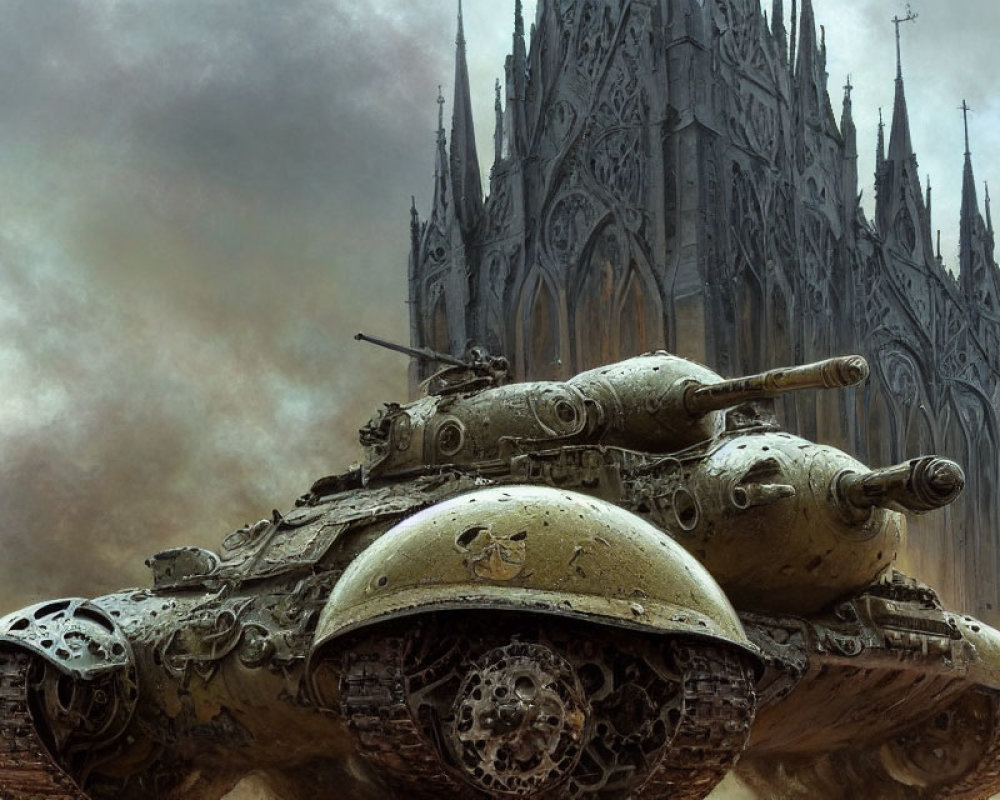 Abandoned tanks and Gothic cathedral in misty setting