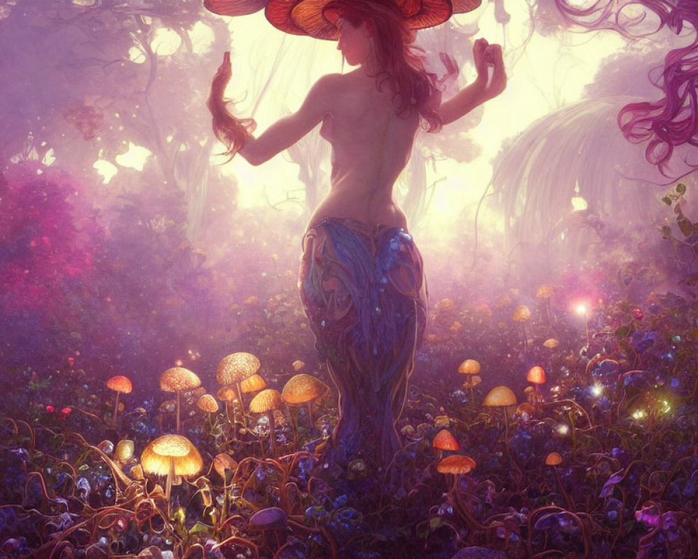 Mystical figure in vibrant enchanted forest with luminescent mushrooms