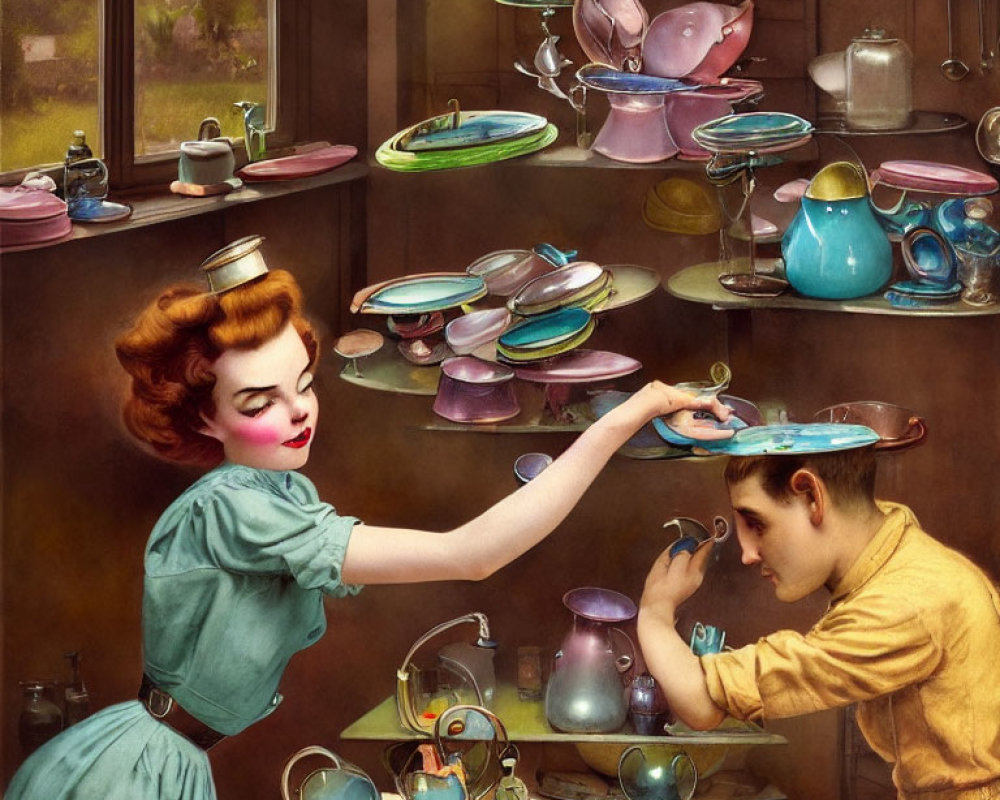 Vintage-styled individuals in kitchen balancing floating dishes and teacups.