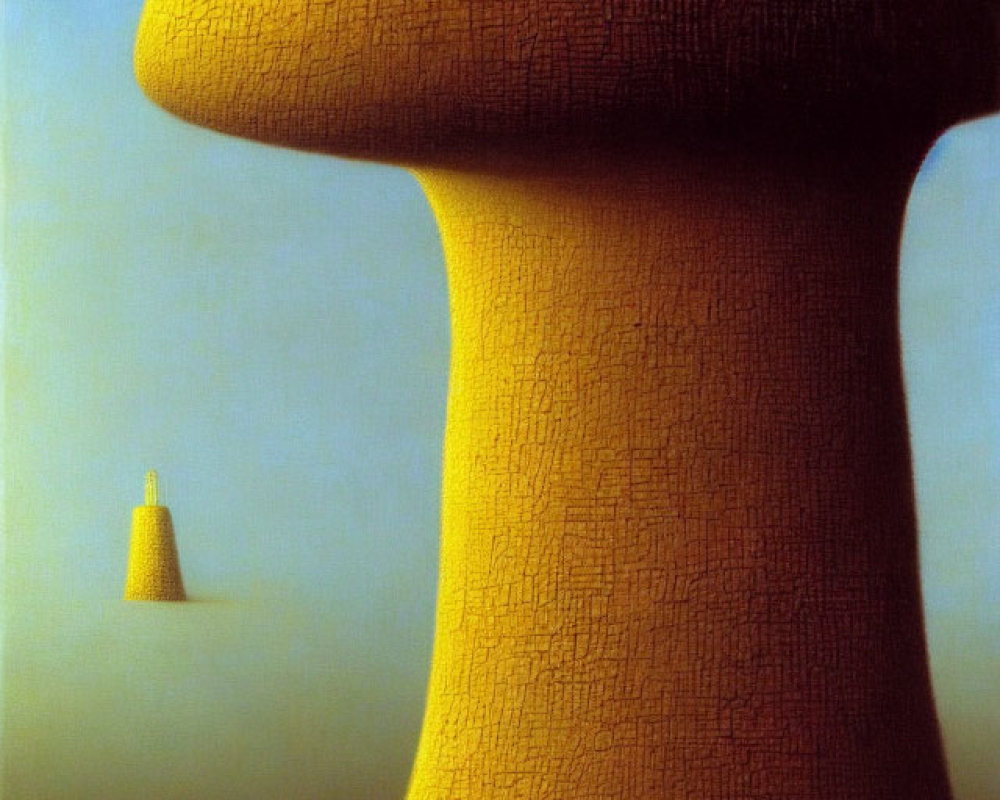Surreal painting of large mushroom-shaped structure in desolate landscape