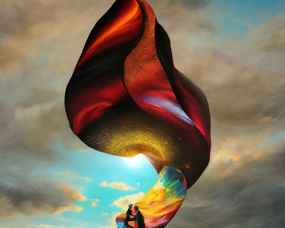 Surreal image: Two people on colorful ribbon structure in dramatic sky