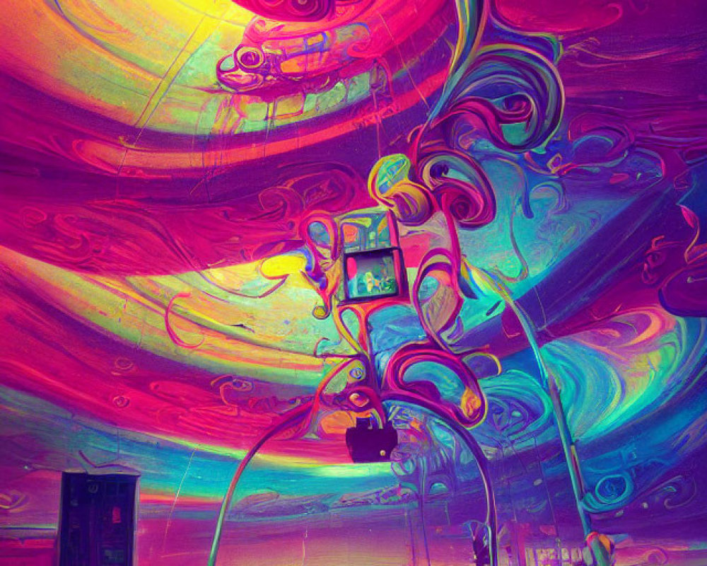 Colorful psychedelic illustration of slender mechanical entities in unique interior space