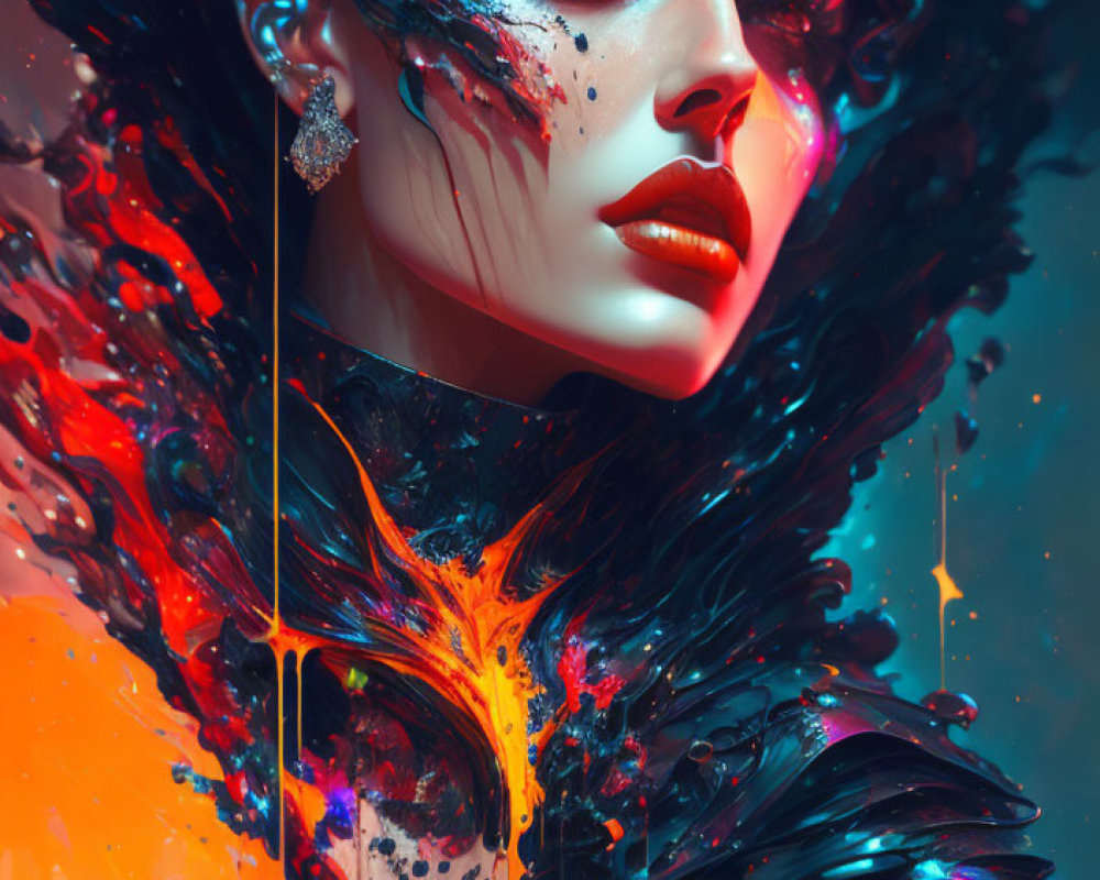 Colorful digital portrait featuring woman with blue and orange melting effects