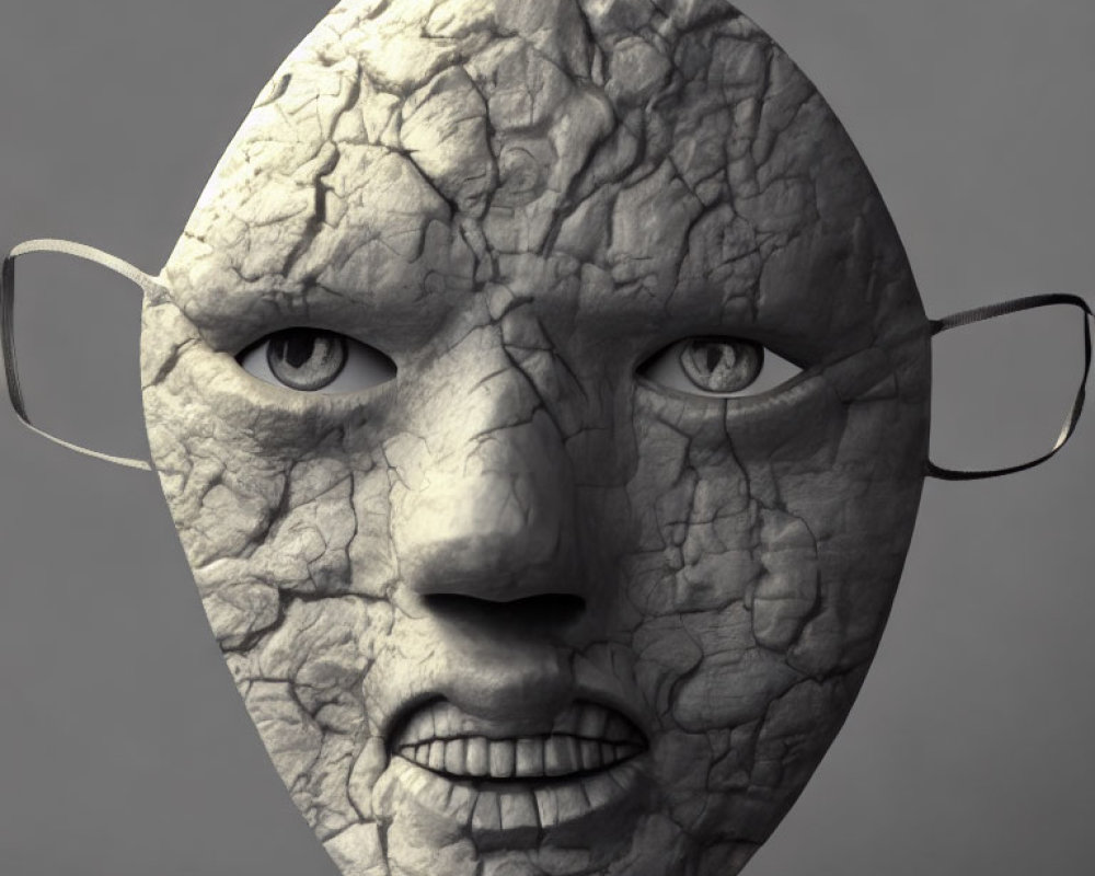 Cracked Stone Texture Mask with Metal Ear Loops and Human-like Features