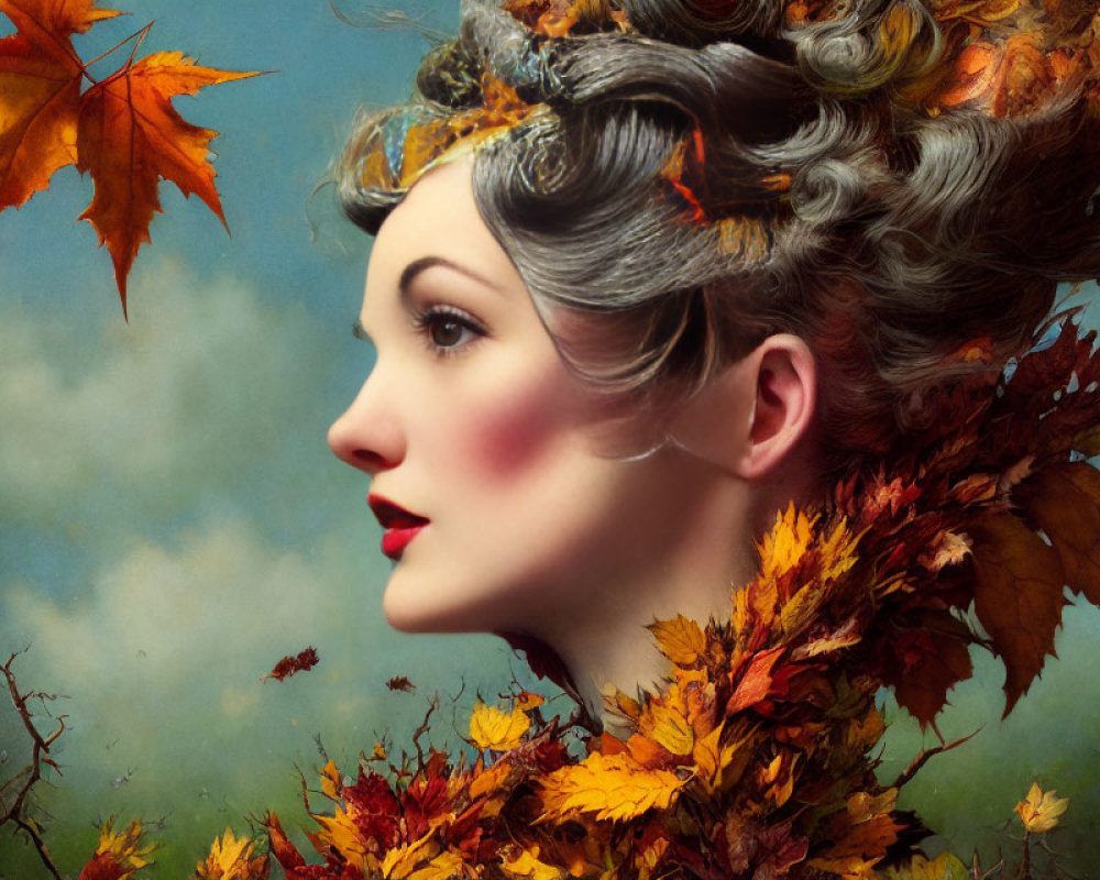 Woman with Autumn Leaves in Hair Against Cloudy Sky