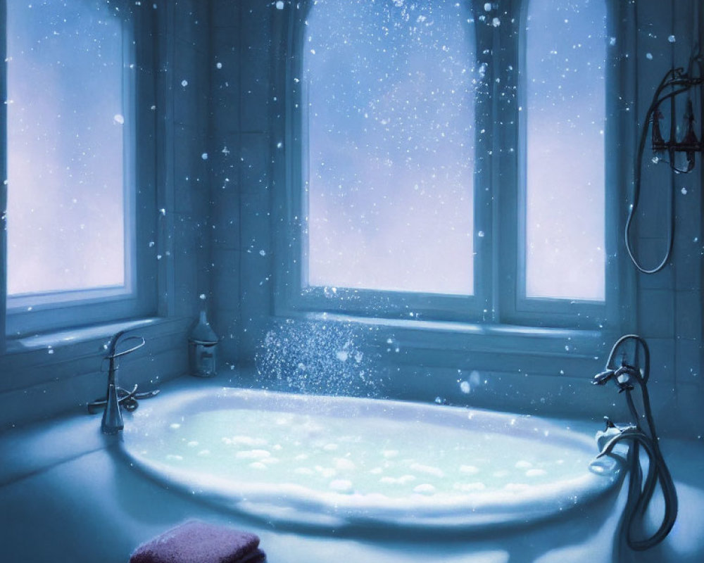 Snowflake-filled bathroom with tub, towel, and arched window at twilight