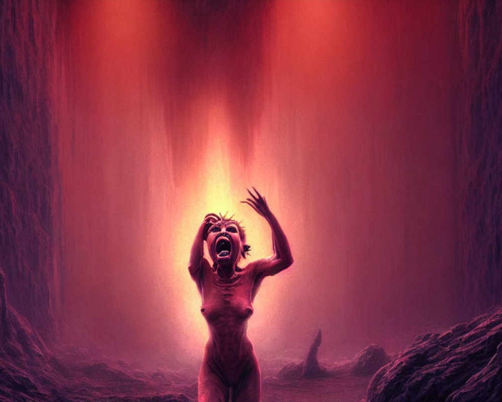 Person screaming in fiery cavern with piercing light beams