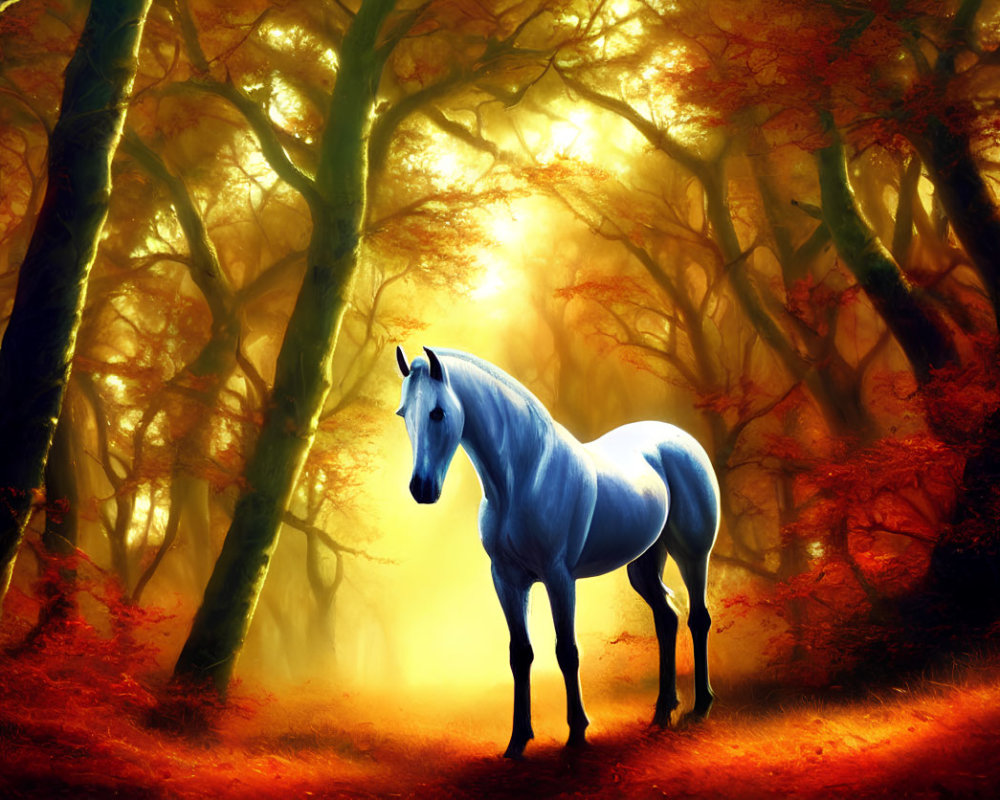 White Horse in Sunlit Forest with Orange and Red Foliage