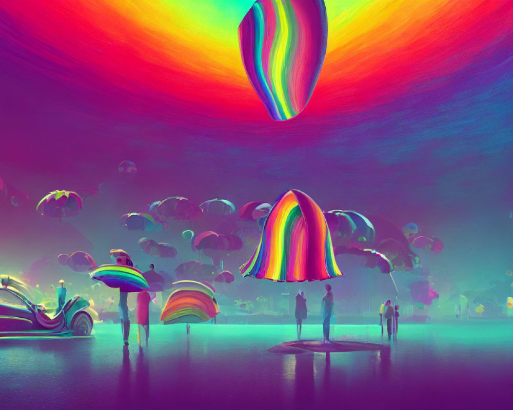 Colorful surreal landscape with rainbow skies, people, iridescent structures, and futuristic cars.