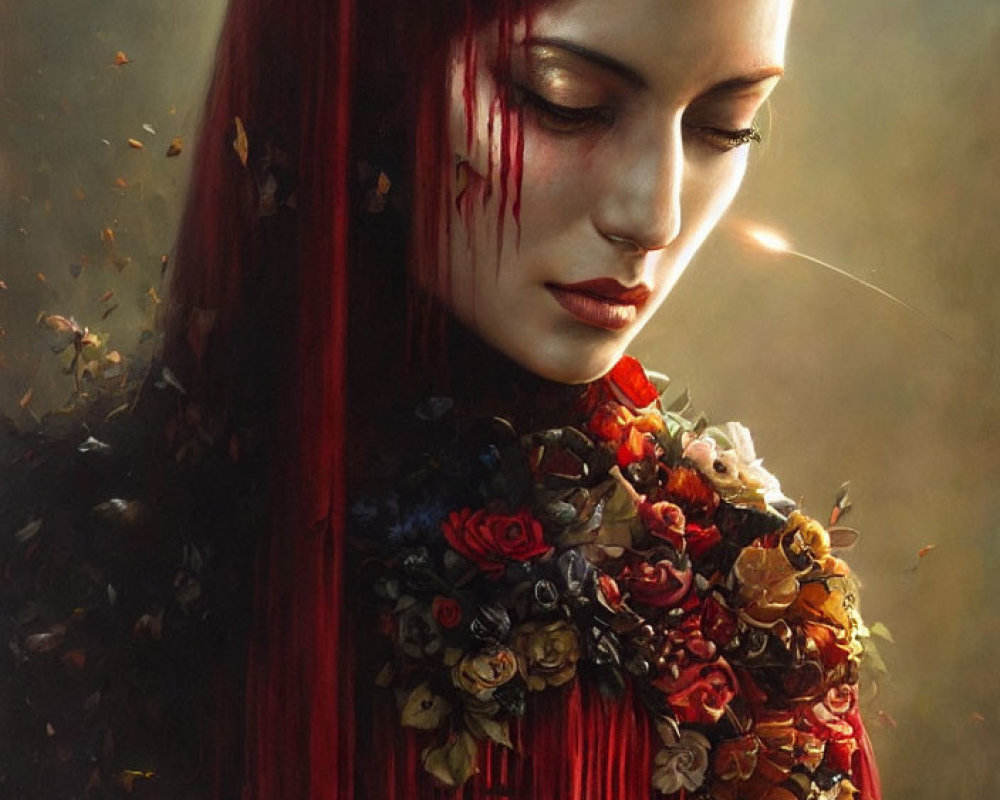 Red-haired woman with closed eyes surrounded by swirling leaves and floral adornments.