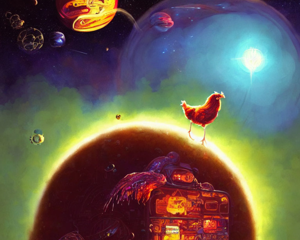 Chicken on celestial body surrounded by colorful planets and jellyfish-like creature