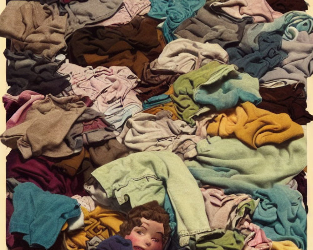 Person in chaotic pile of colorful laundry.