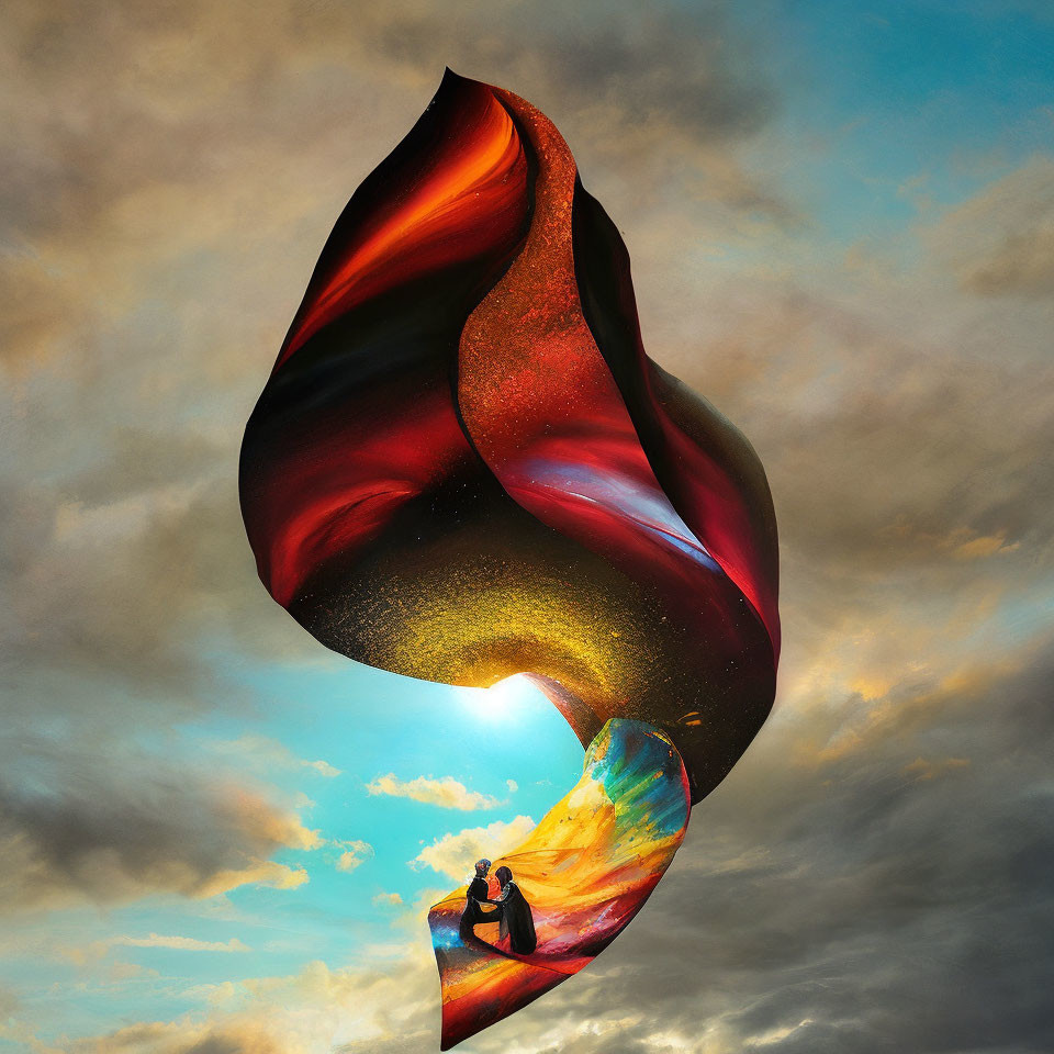 Surreal image: Two people on colorful ribbon structure in dramatic sky