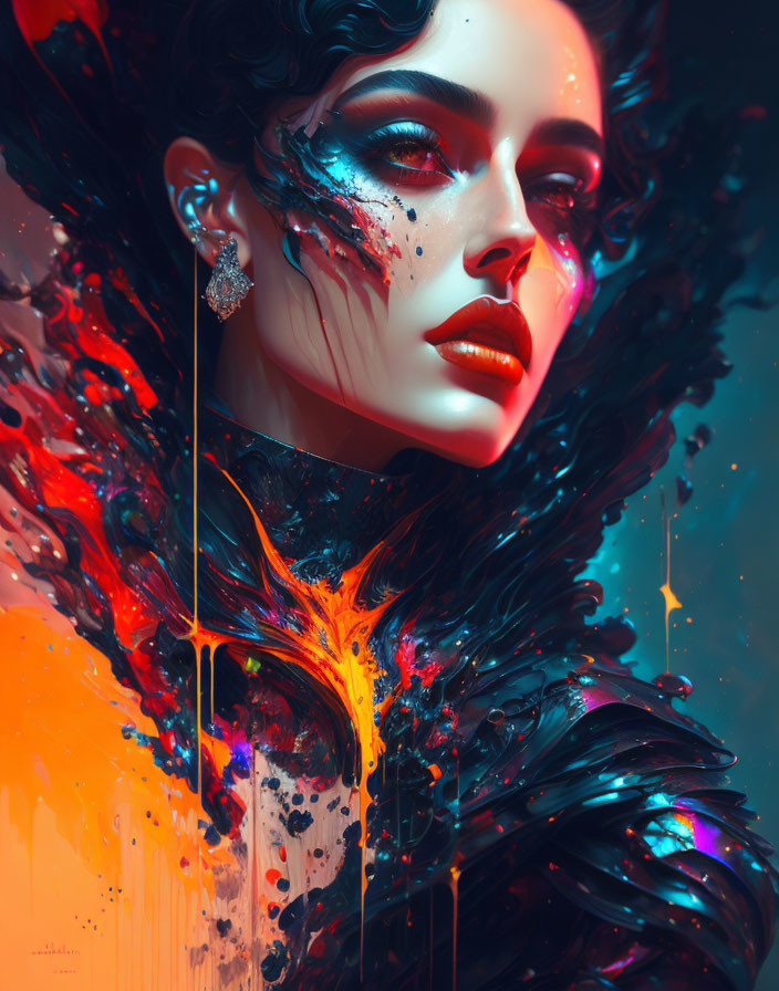 Colorful digital portrait featuring woman with blue and orange melting effects