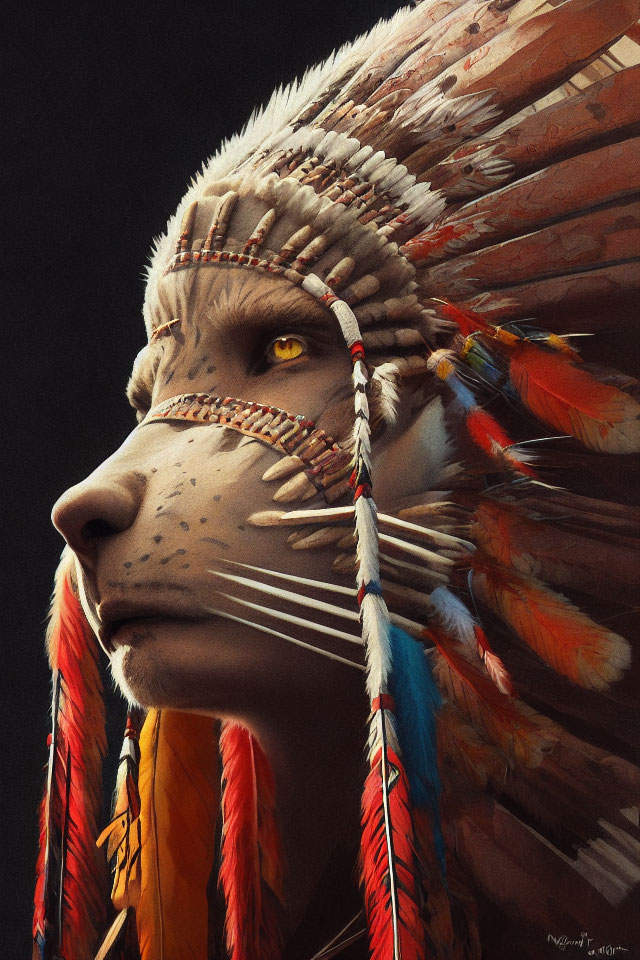 Lion with human-like features in Native American headdress