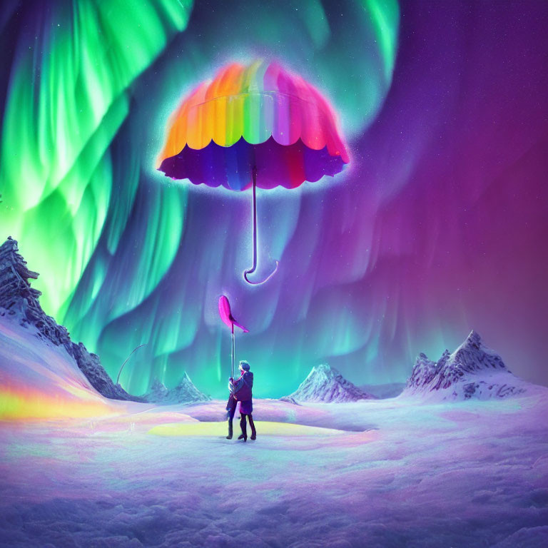Couple Embraces Under Colorful Umbrella in Snowy Mountain Night Scene