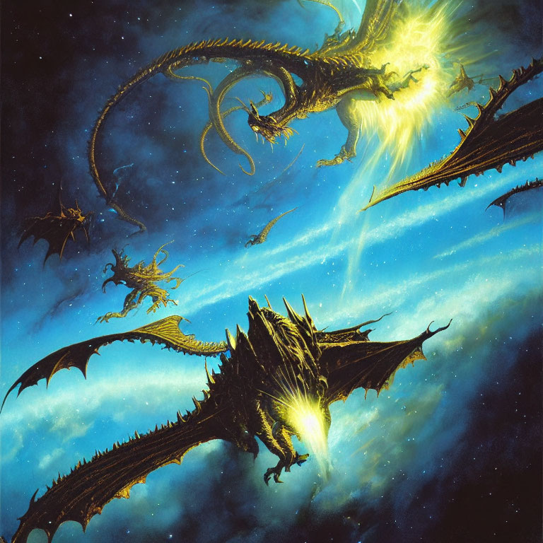 Fierce dragons breathing yellow flames in starry sky