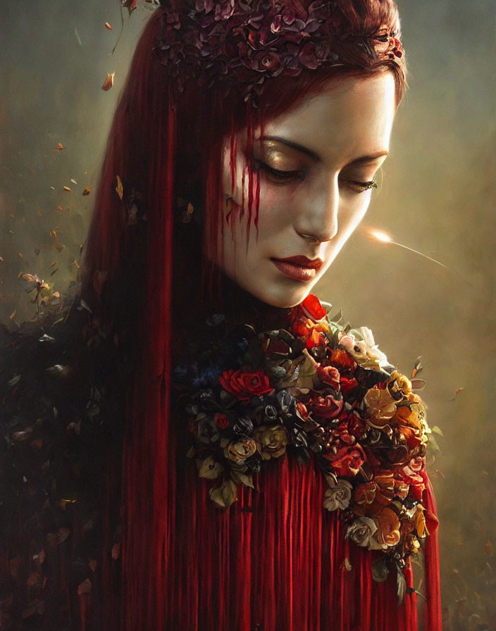 Red-haired woman with closed eyes surrounded by swirling leaves and floral adornments.