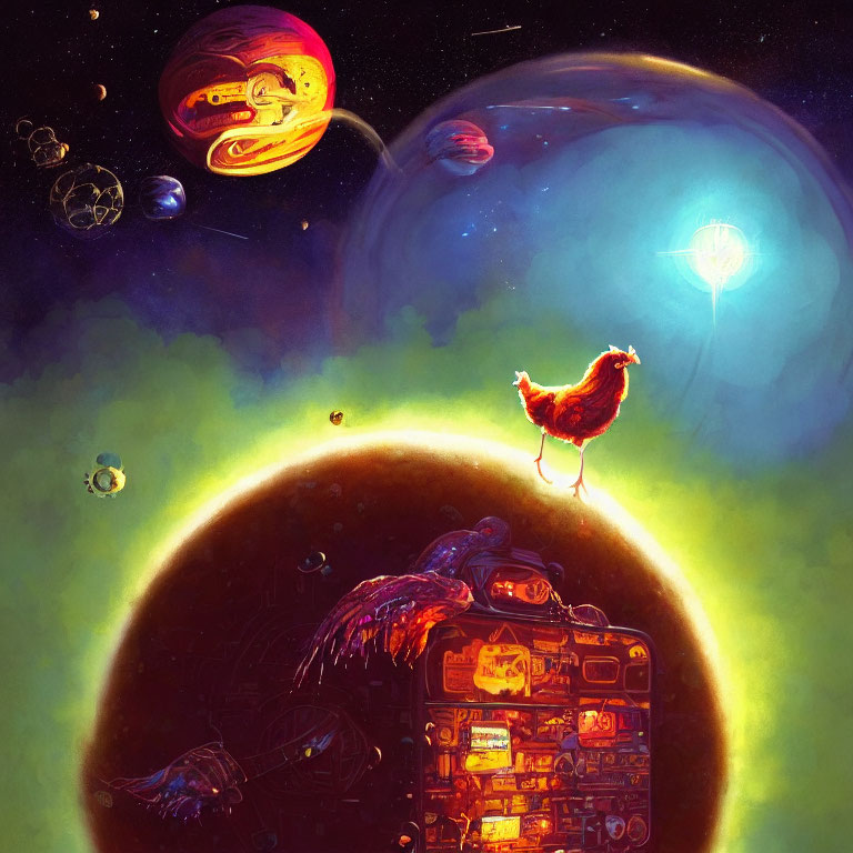 Chicken on celestial body surrounded by colorful planets and jellyfish-like creature