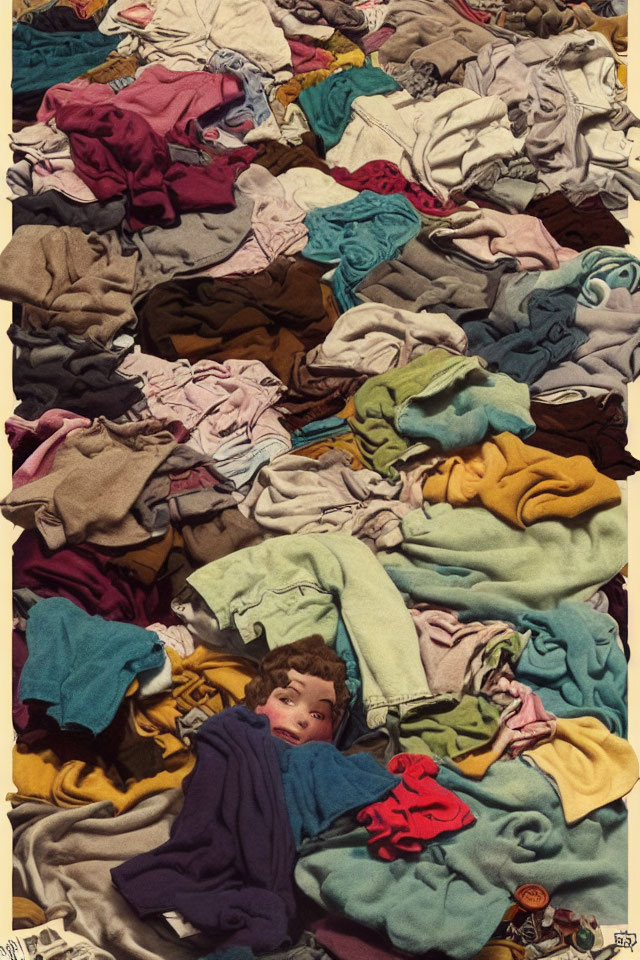 Person in chaotic pile of colorful laundry.