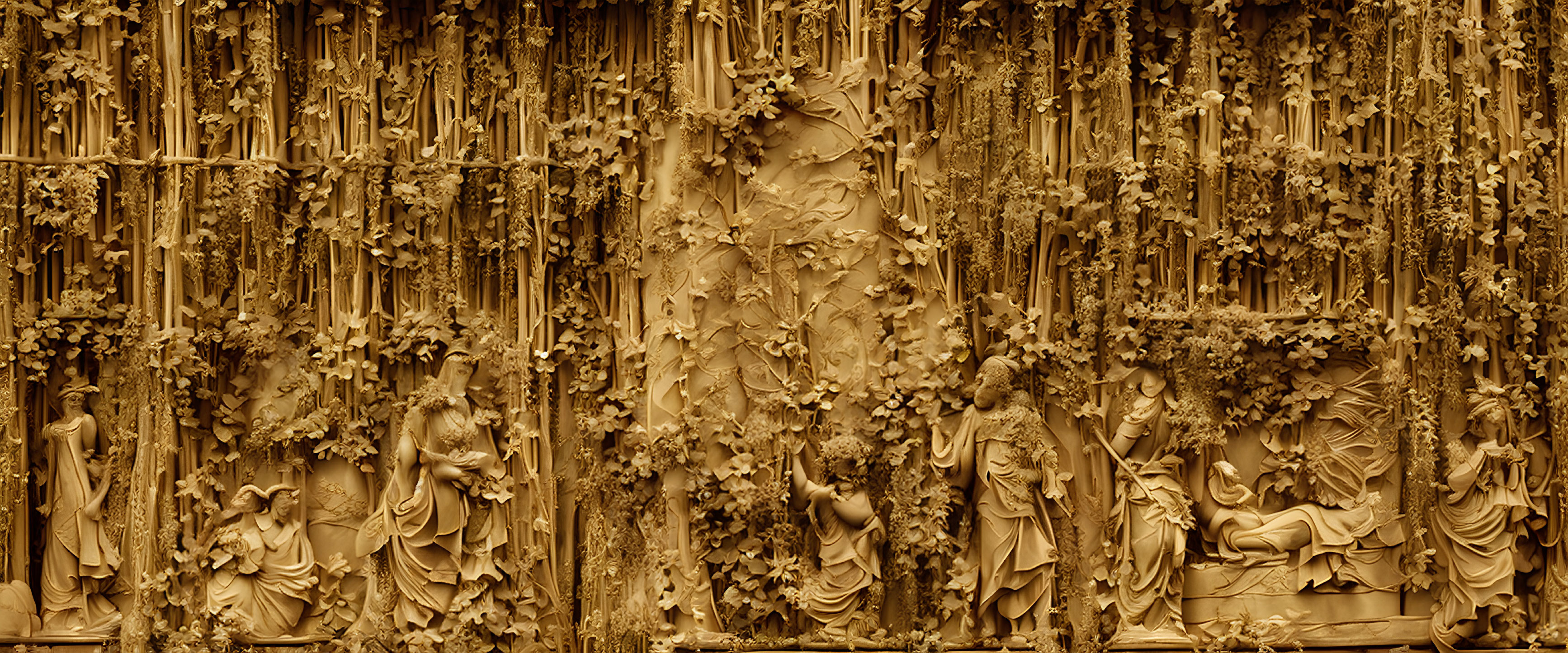 Intricate Nature-Inspired Golden Relief Panel