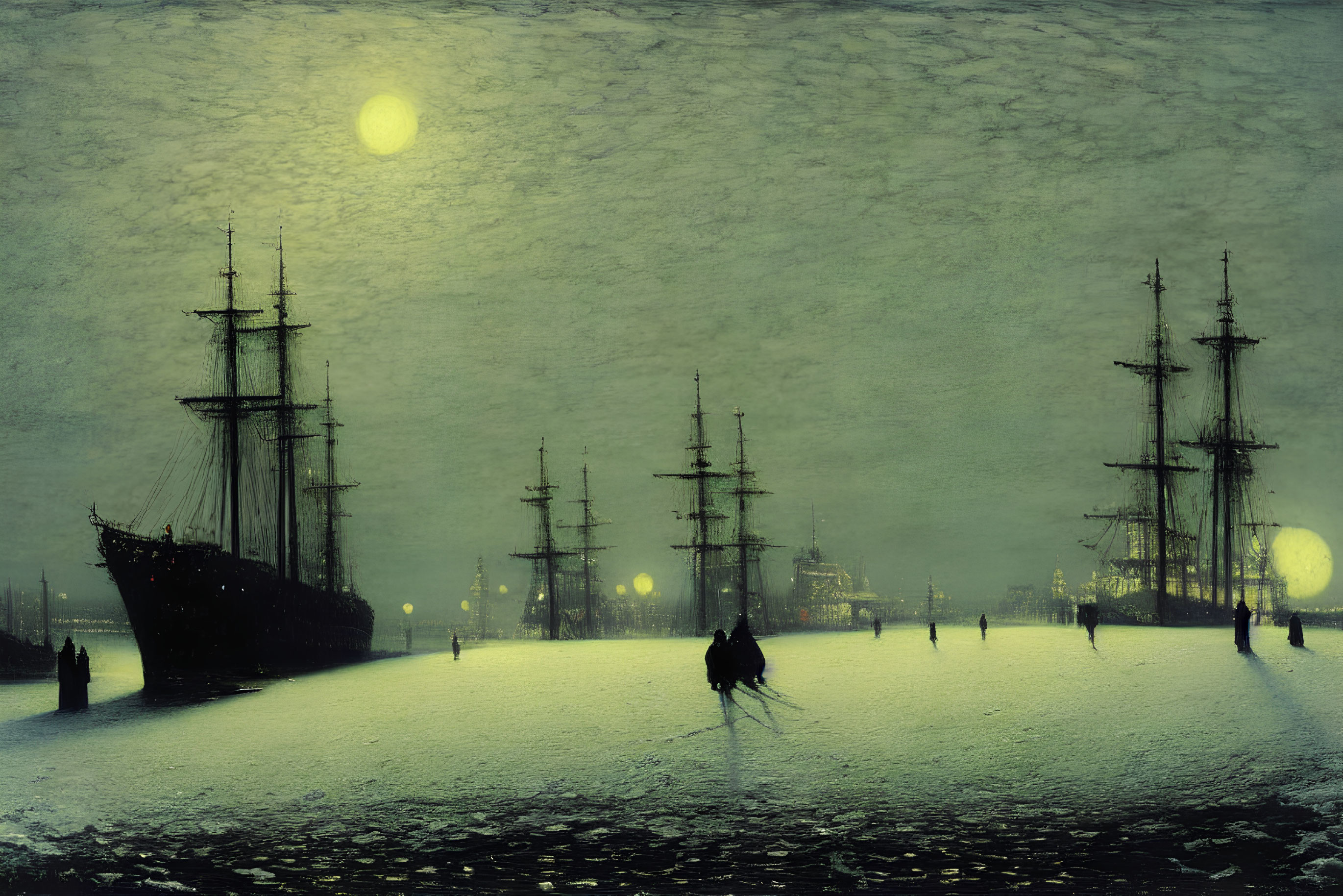 Snow-covered harbor at night with tall ships and glowing orbs under green sky