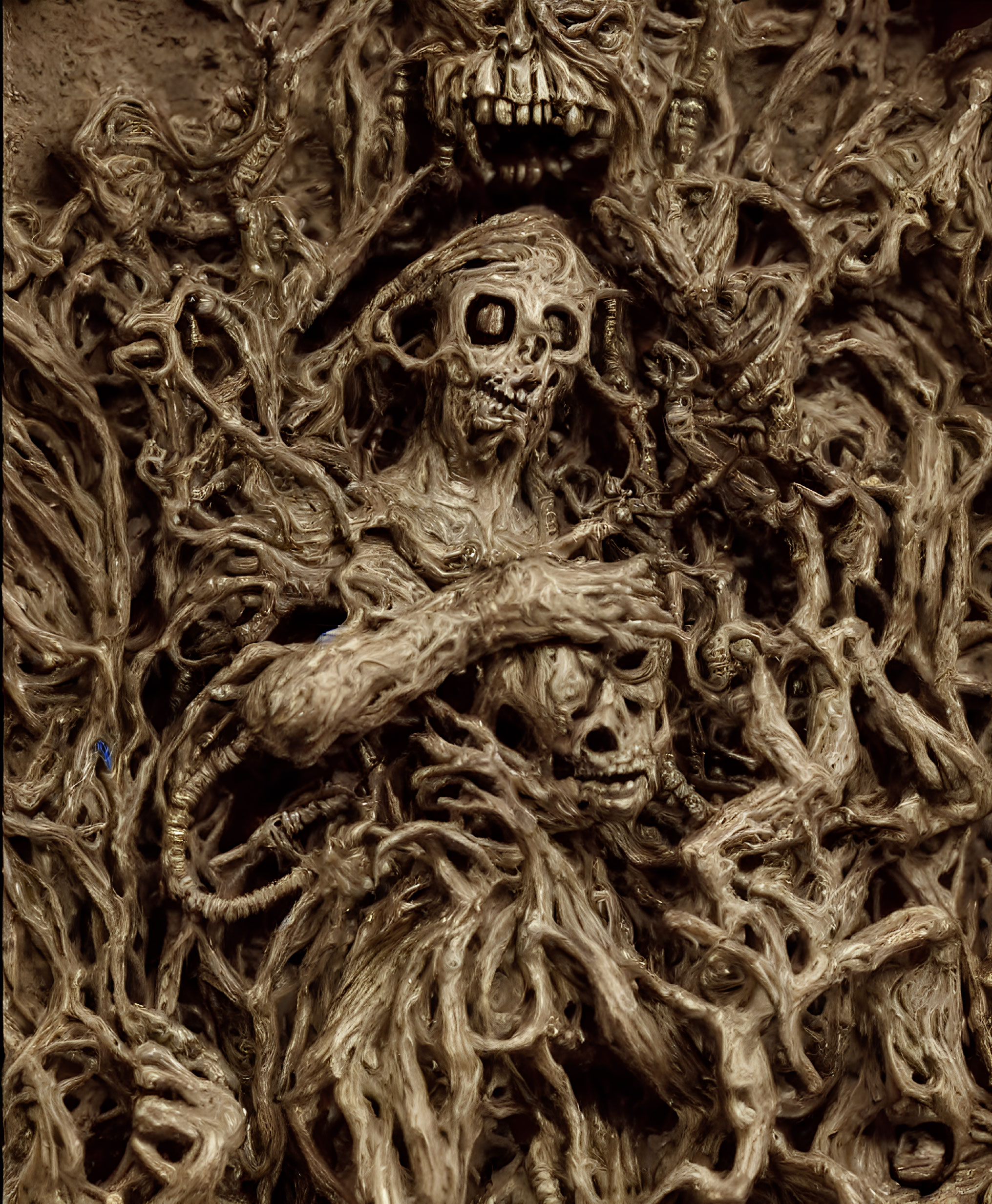Eerie dark image with twisted root-like textures and skull-like figures