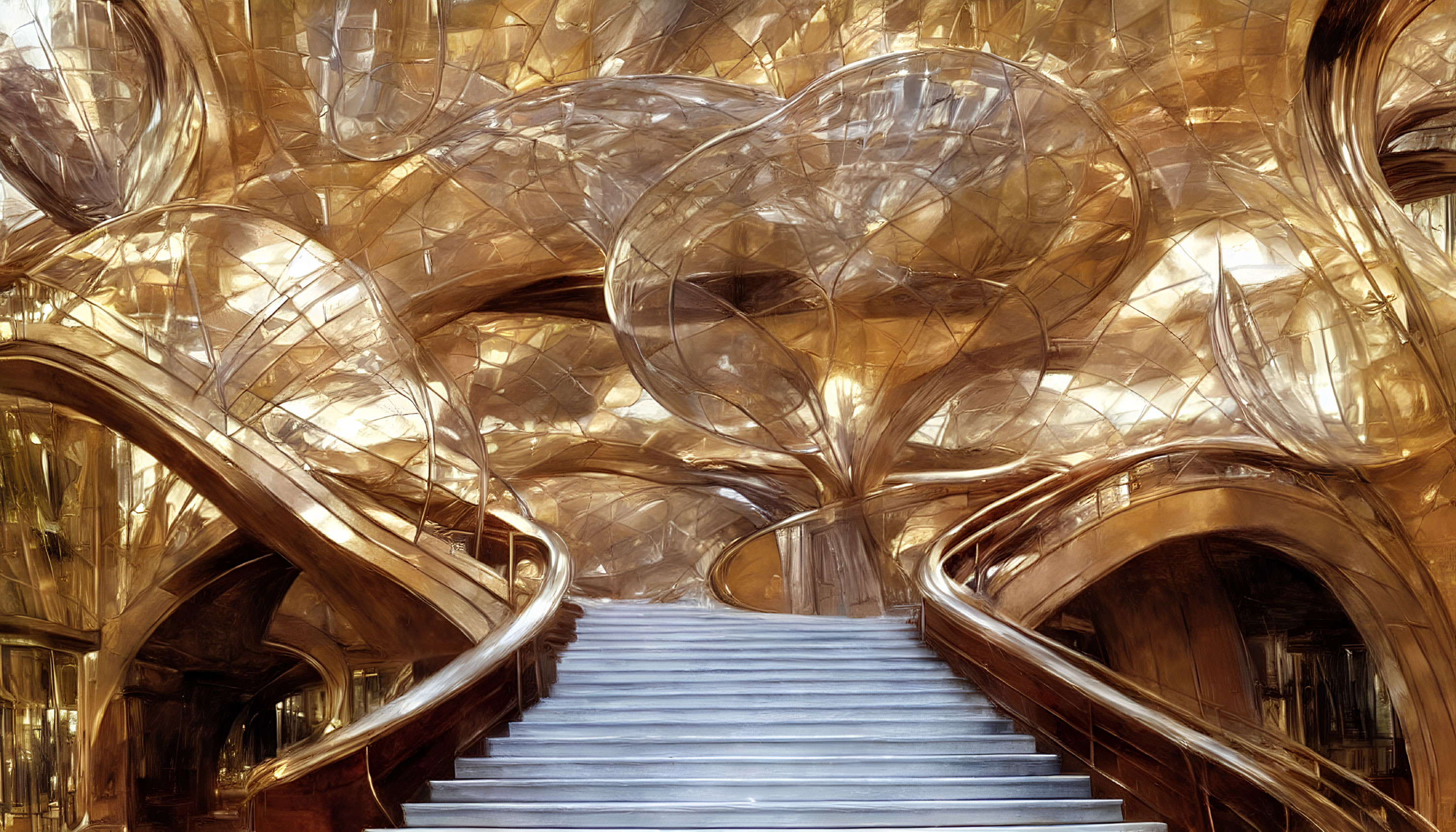 Organic golden tree-like structures in futuristic interior space