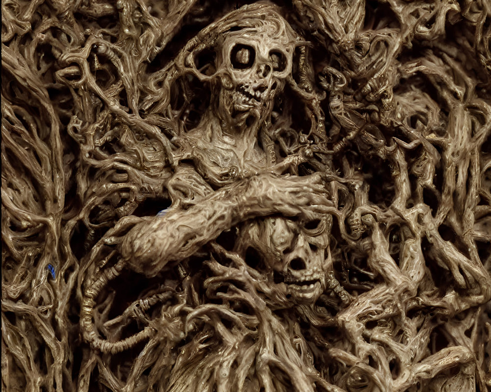 Eerie dark image with twisted root-like textures and skull-like figures