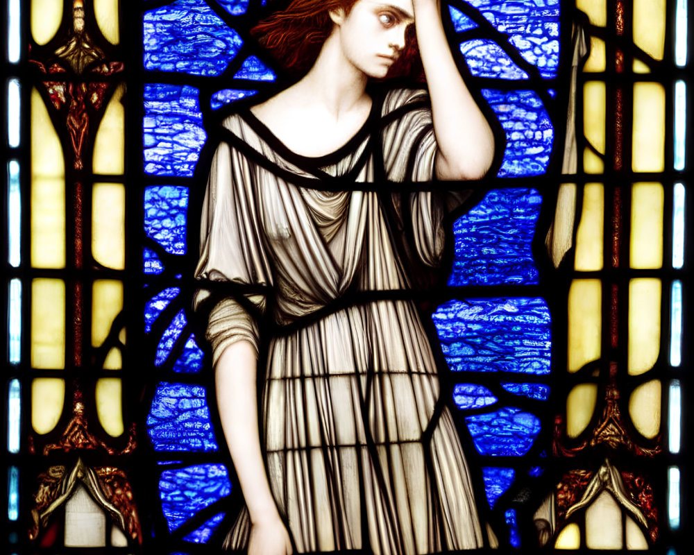 Stained Glass Artwork: Woman in Auburn Hair, Classical Robes on Blue Background