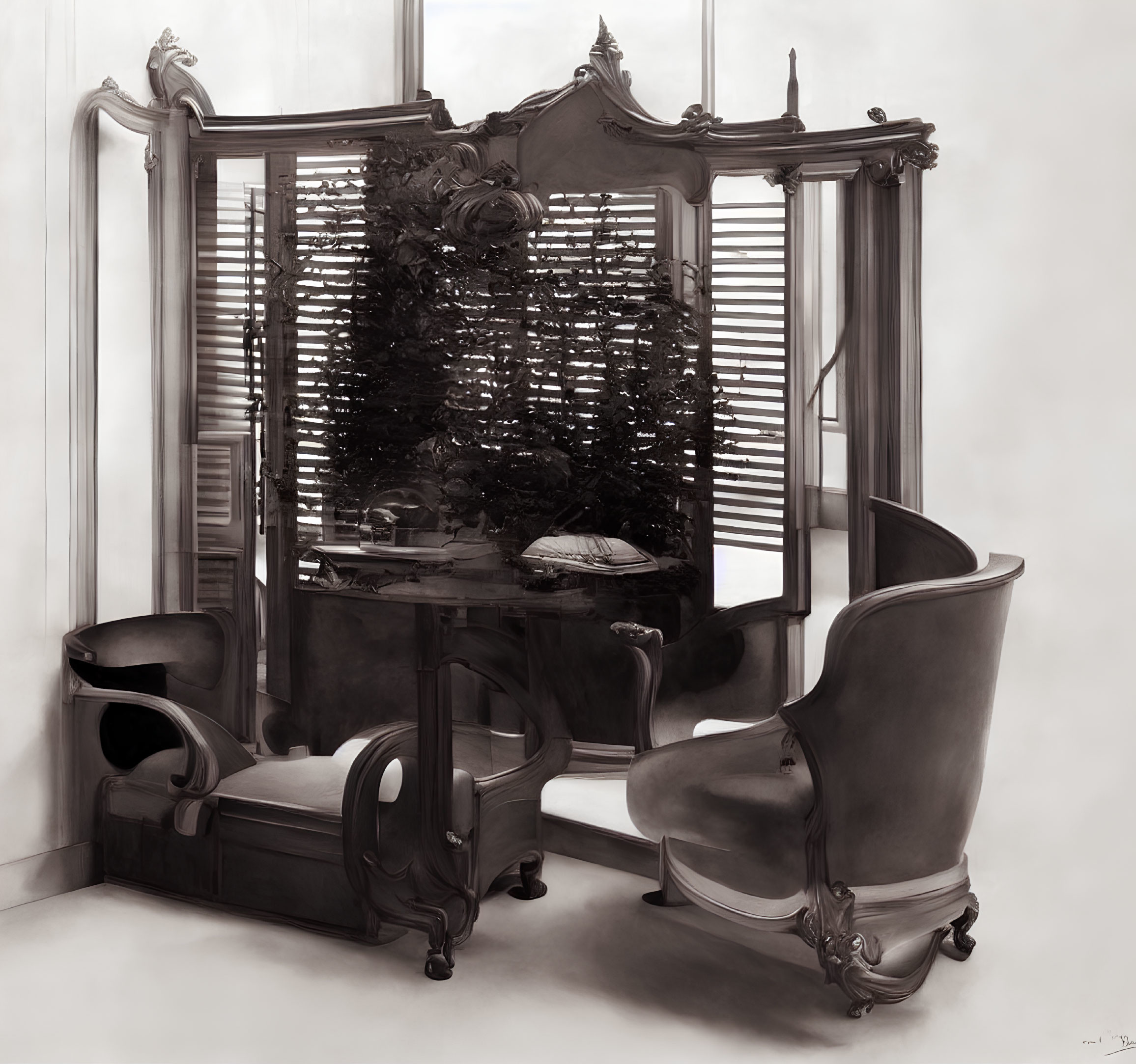 Monochrome vintage interior with ornate furniture and reflective sculpture.