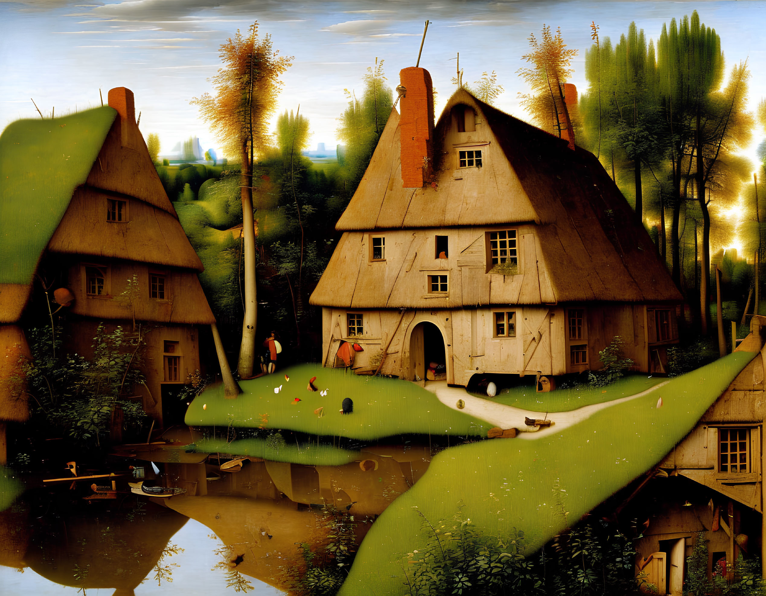 Whimsical village painting with oversized cottages & serene landscape